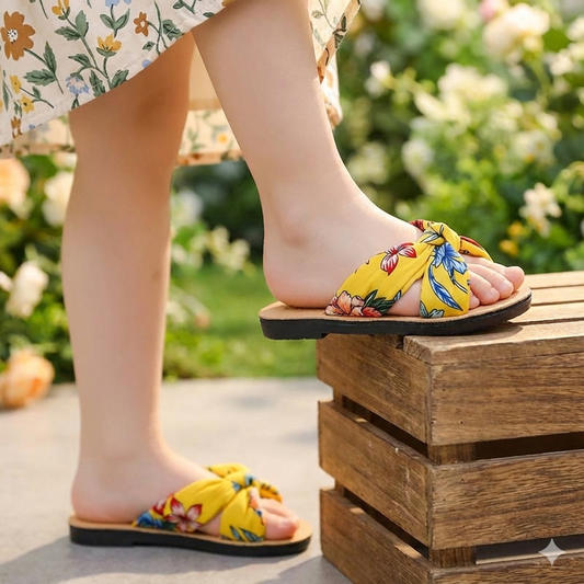 Little Girls' Yellow Floral Knotted Bow Slide Sandals