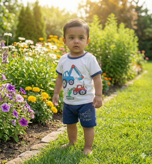 Toddler Boy Construction Theme Set - Digger & Tractor Print T-Shirt with Navy Shorts