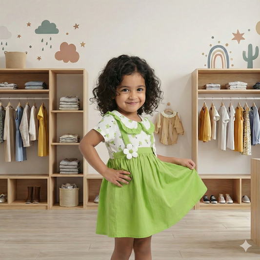 Girls' Lime Green Floral Collar Dress with Daisy Accents