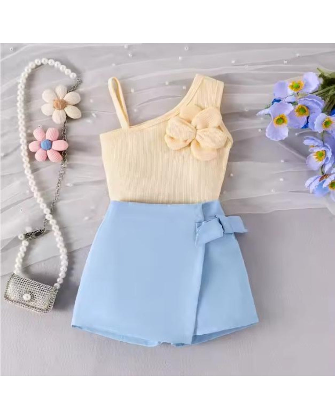 Girls' Chic Summer Set: Yellow Ribbed Knit Top & Blue Woven Skirt