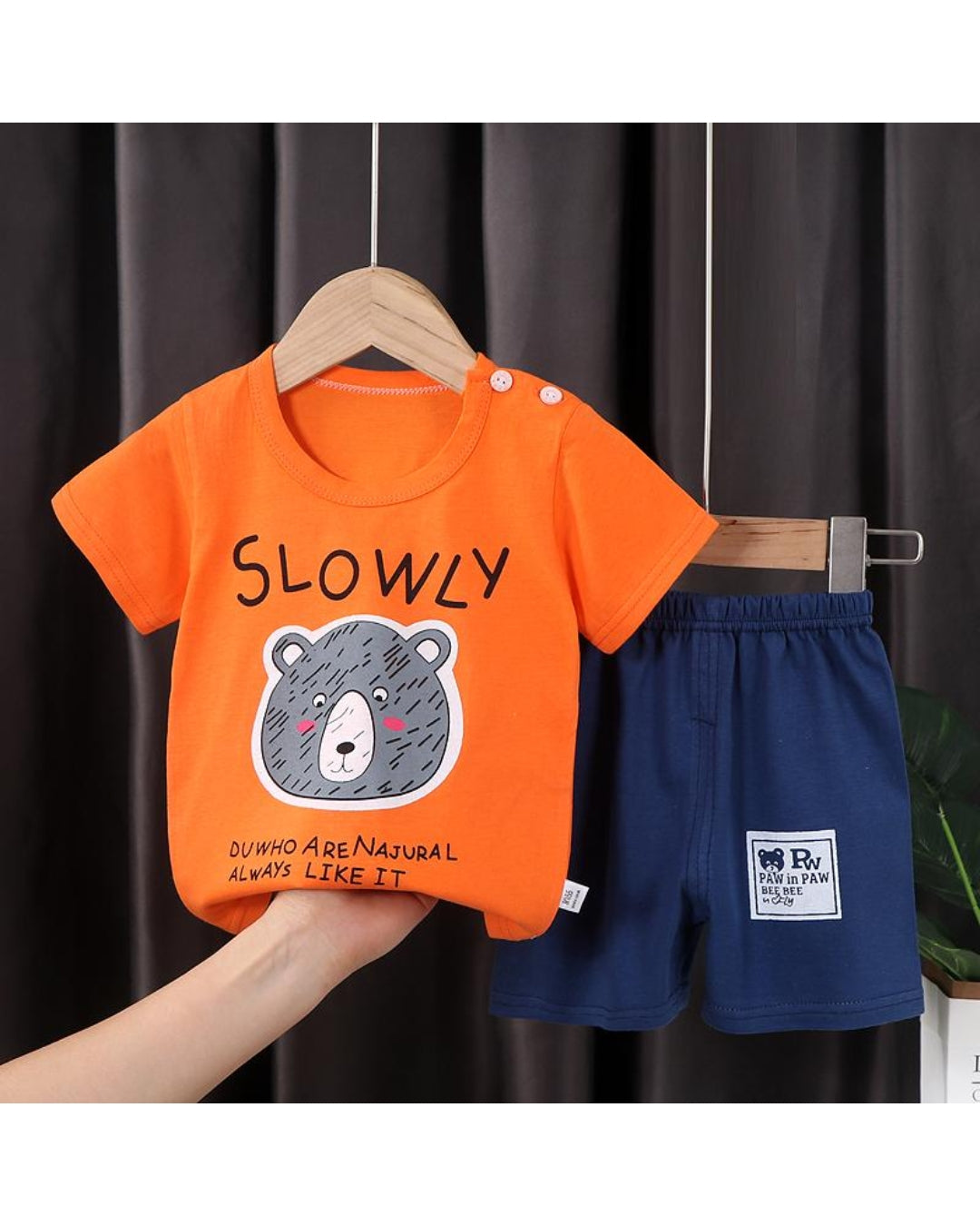 Boys Orange 'SLOWLY' Bear Print T-Shirt and Navy Shorts Set