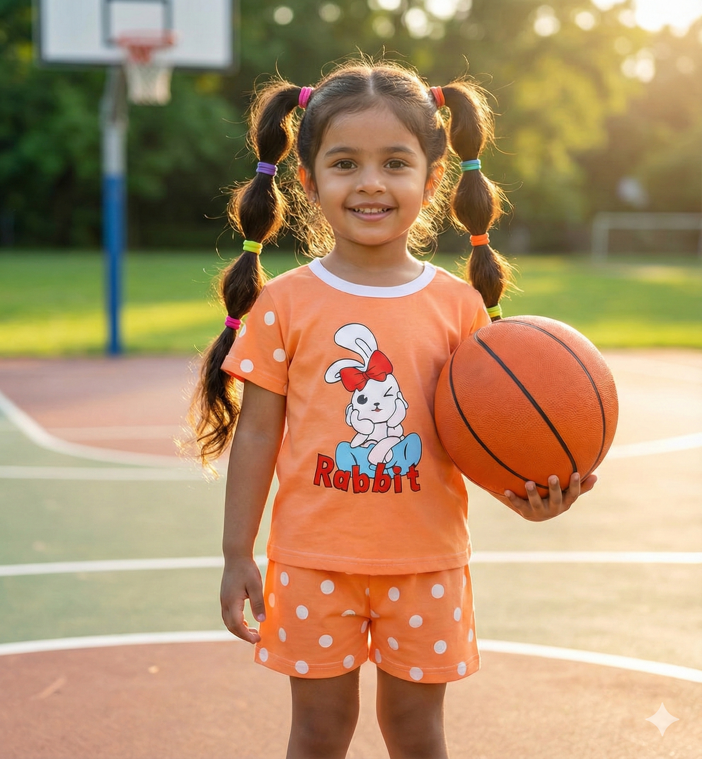 Toddler Girls' Orange Polka Dot 'Rabbit' Graphic T-Shirt and Shorts 2-Piece Outfit Set