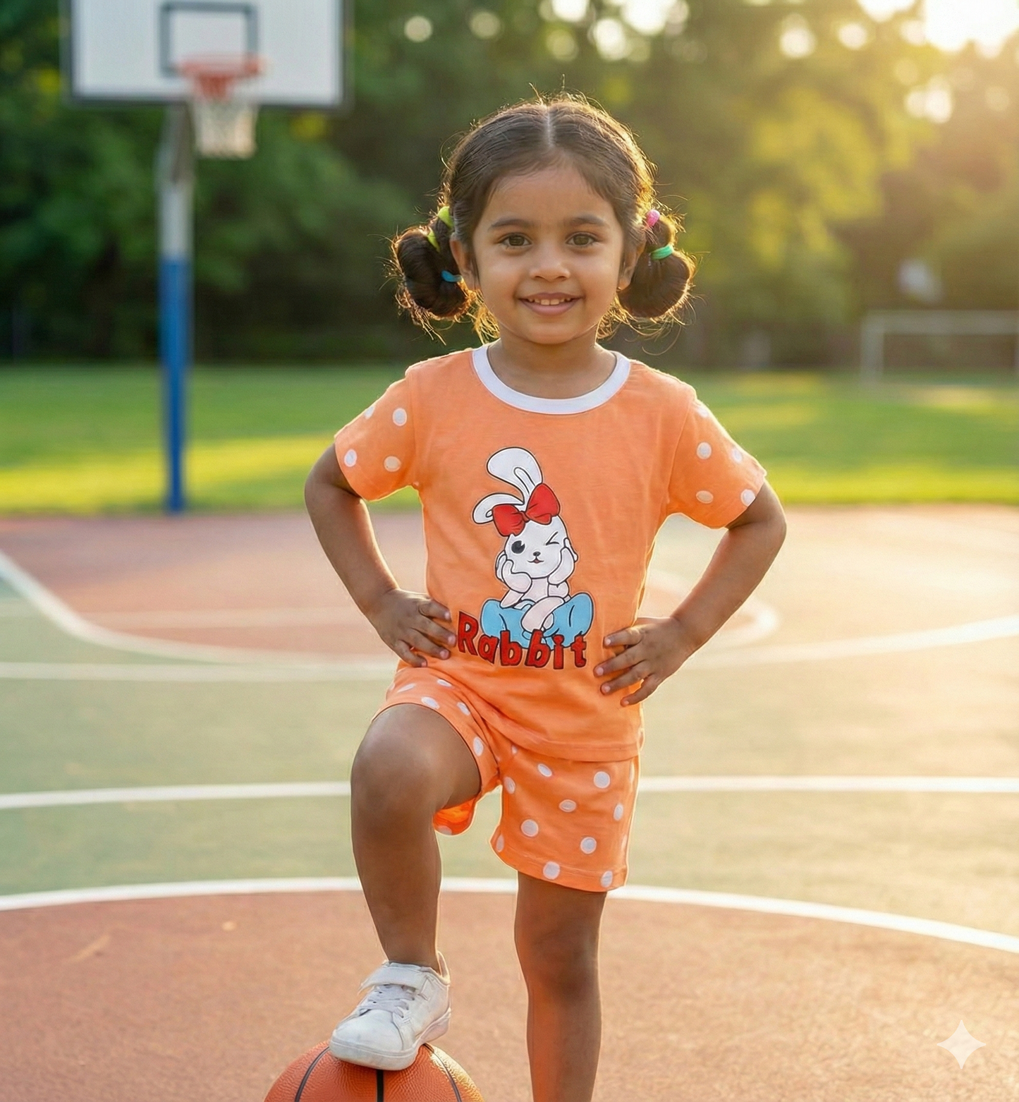 Toddler Girls' Orange Polka Dot 'Rabbit' Graphic T-Shirt and Shorts 2-Piece Outfit Set