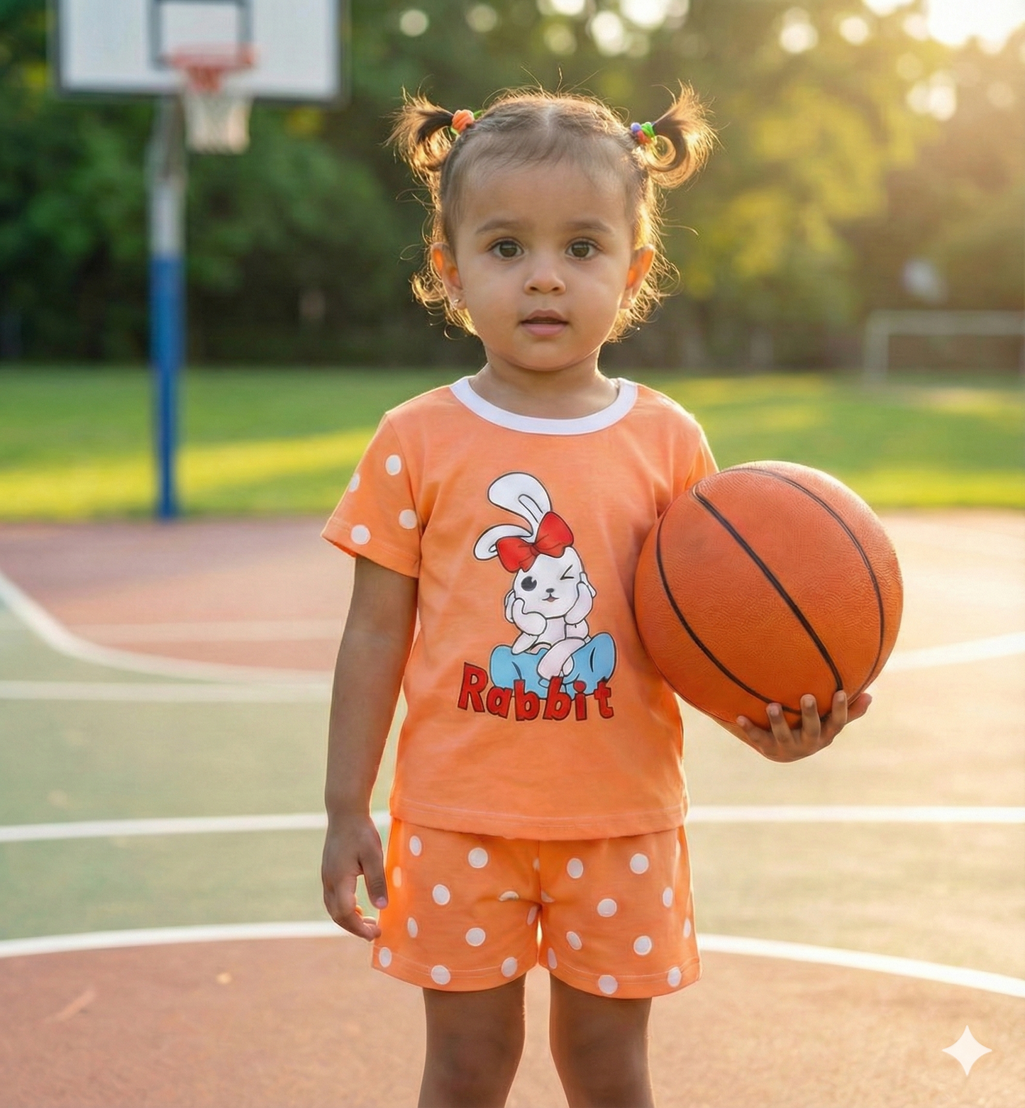 Toddler Girls' Orange Polka Dot 'Rabbit' Graphic T-Shirt and Shorts 2-Piece Outfit Set