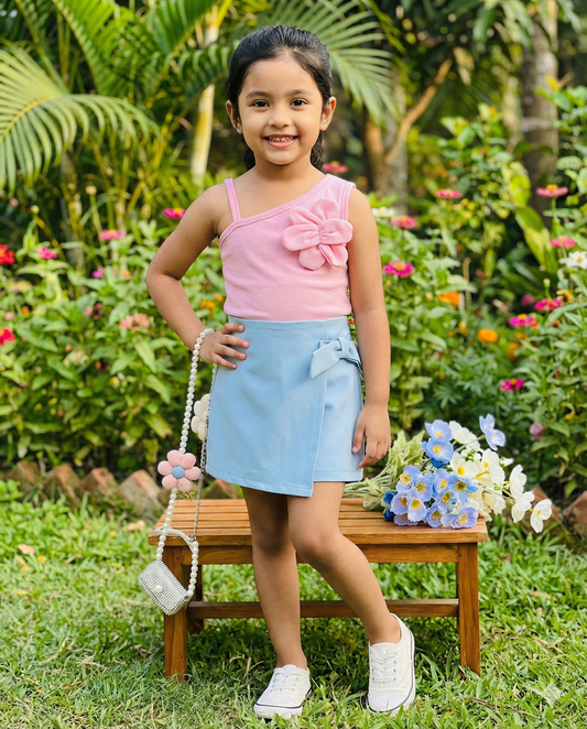 Girls' Chic Summer Set: Pink Ribbed Knit Top & Blue Woven Skirt