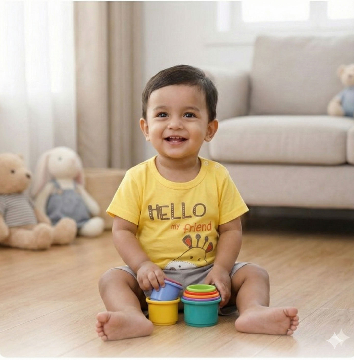 Boys Yellow "Hello My Friend" Giraffe Cotton T-Shirt & Shorts Set | Summer Playwear