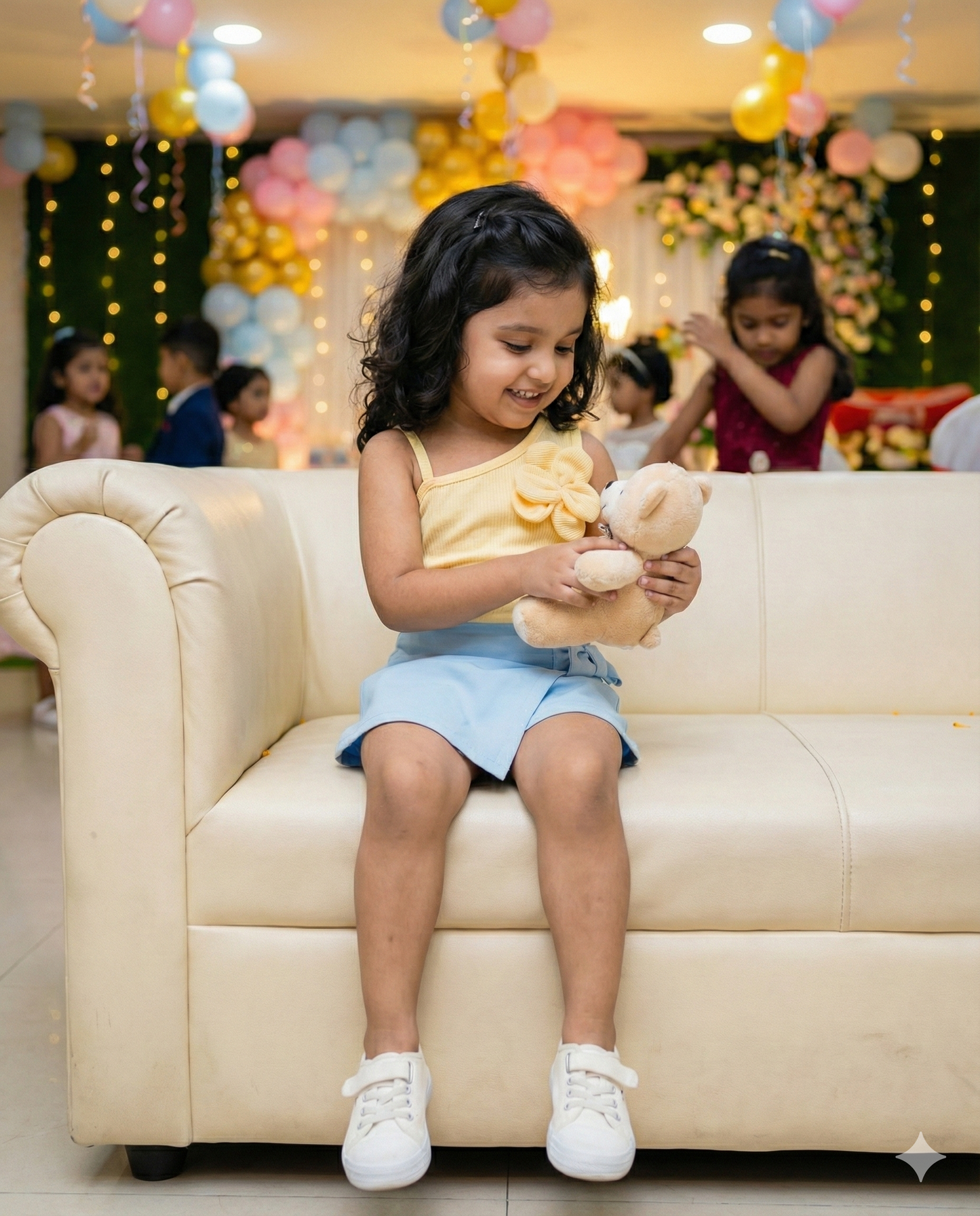 Girls' Chic Summer Set: Yellow Ribbed Knit Top & Blue Woven Skirt