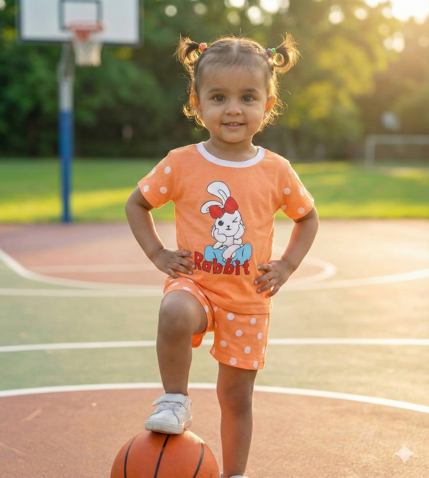 Toddler Girls' Orange Polka Dot 'Rabbit' Graphic T-Shirt and Shorts 2-Piece Outfit Set