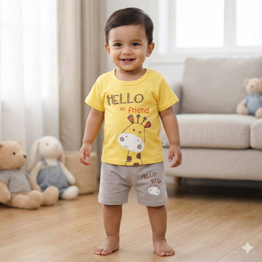 Boys Yellow "Hello My Friend" Giraffe Cotton T-Shirt & Shorts Set | Summer Playwear