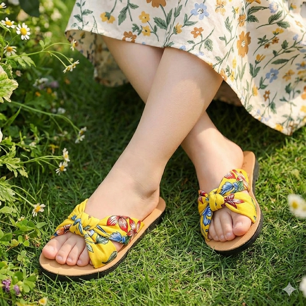 Little Girls' Yellow Floral Knotted Bow Slide Sandals