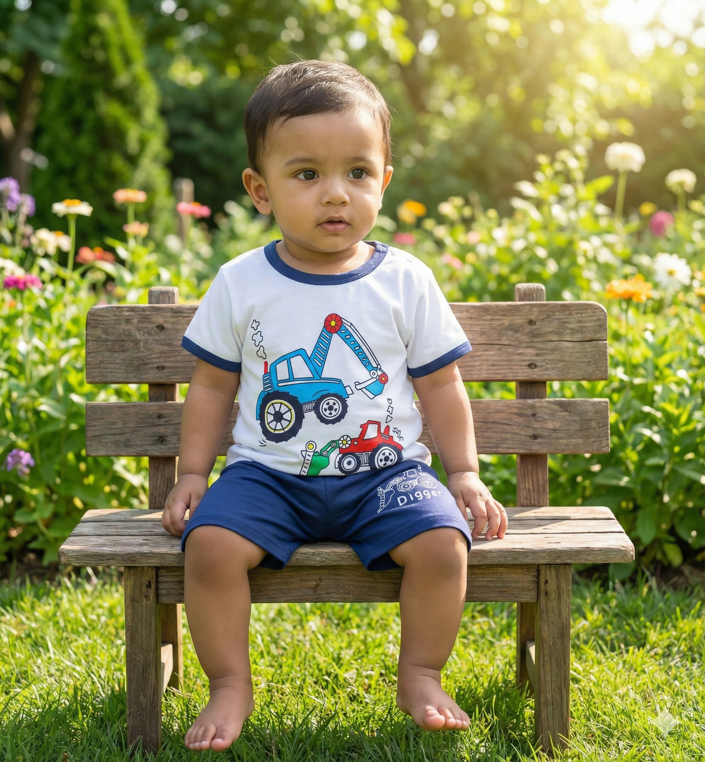 Toddler Boy Construction Theme Set - Digger & Tractor Print T-Shirt with Navy Shorts