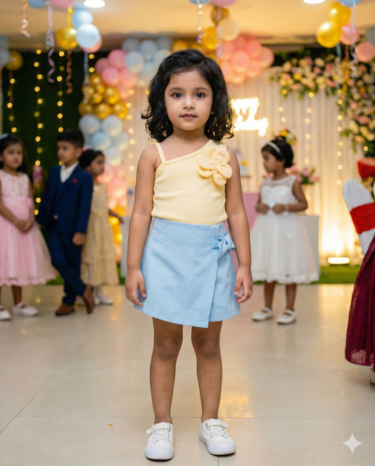 Girls' Chic Summer Set: Yellow Ribbed Knit Top & Blue Woven Skirt