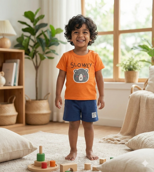 Boys Orange 'SLOWLY' Bear Print T-Shirt and Navy Shorts Set