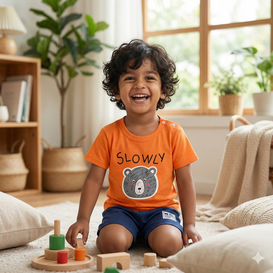 Boys Orange 'SLOWLY' Bear Print T-Shirt and Navy Shorts Set