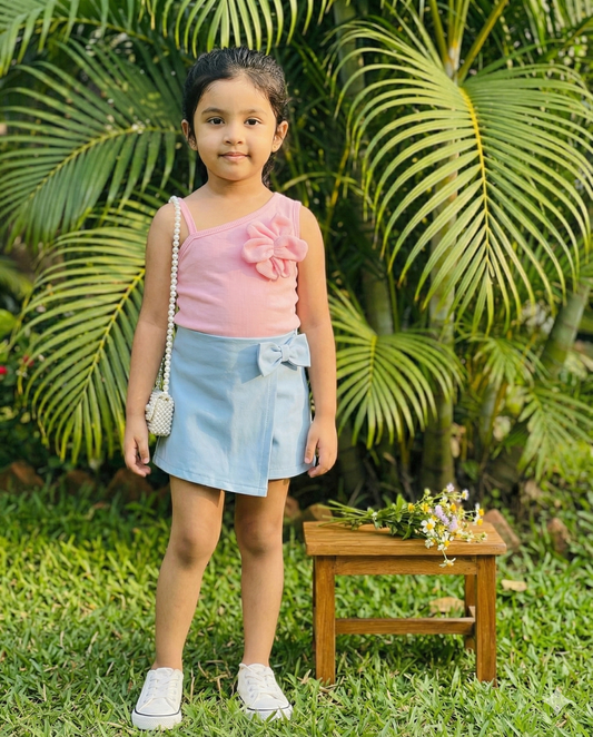 Girls' Chic Summer Set: Pink Ribbed Knit Top & Blue Woven Skirt