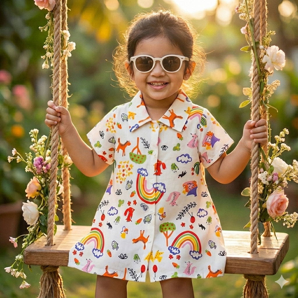 Toddler Girls' White Rainbow Print Button-Down Shirt Dress