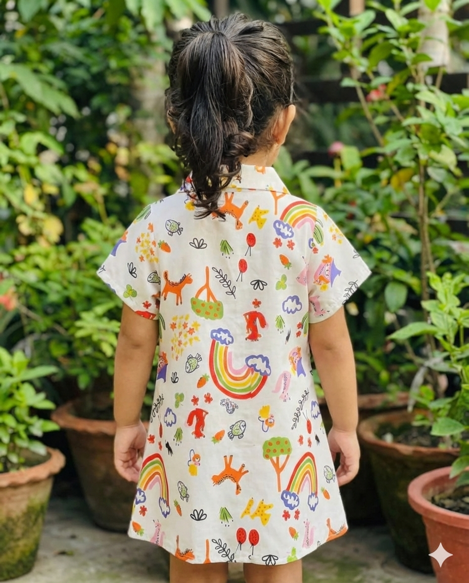 Toddler Girls' White Rainbow Print Button-Down Shirt Dress