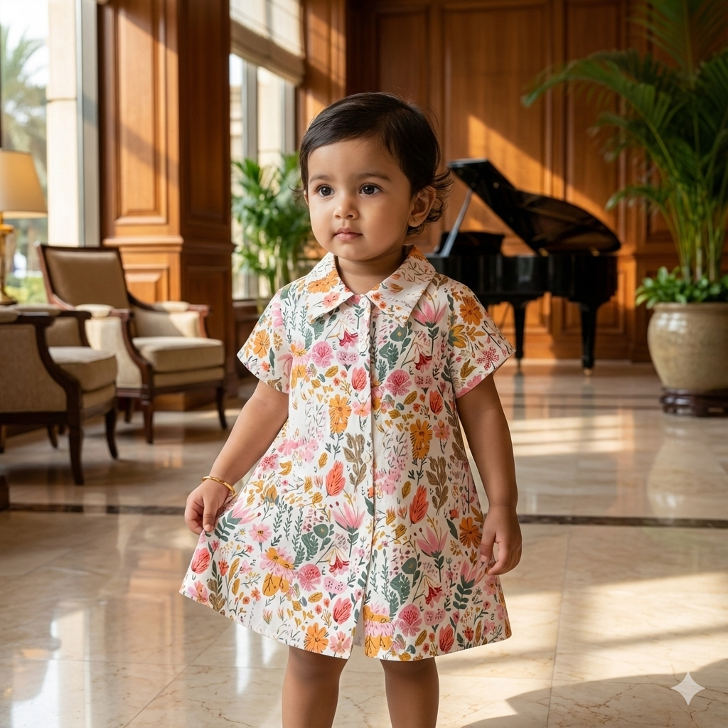 Girls Vibrant Floral Button-Down Frock