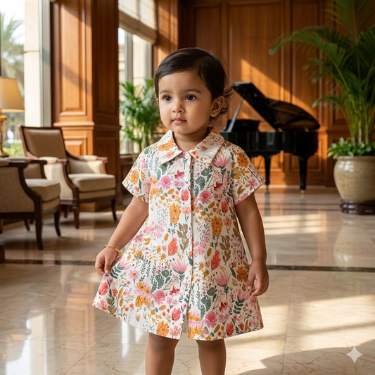 Girls Vibrant Floral Button-Down Frock