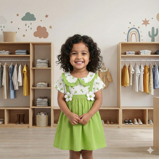 Girls' Lime Green Floral Collar Dress with Daisy Accents