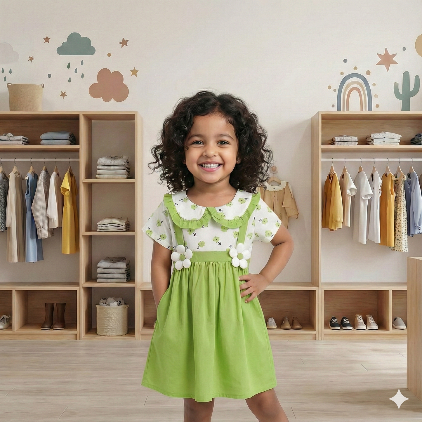 Girls' Lime Green Floral Collar Dress with Daisy Accents