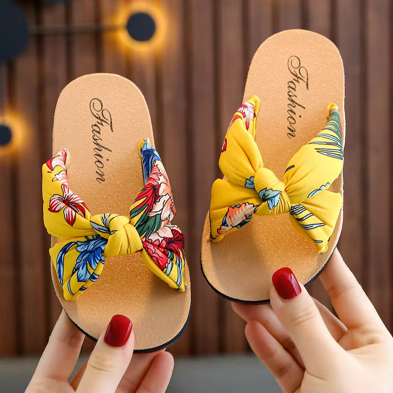 Little Girls' Yellow Floral Knotted Bow Slide Sandals