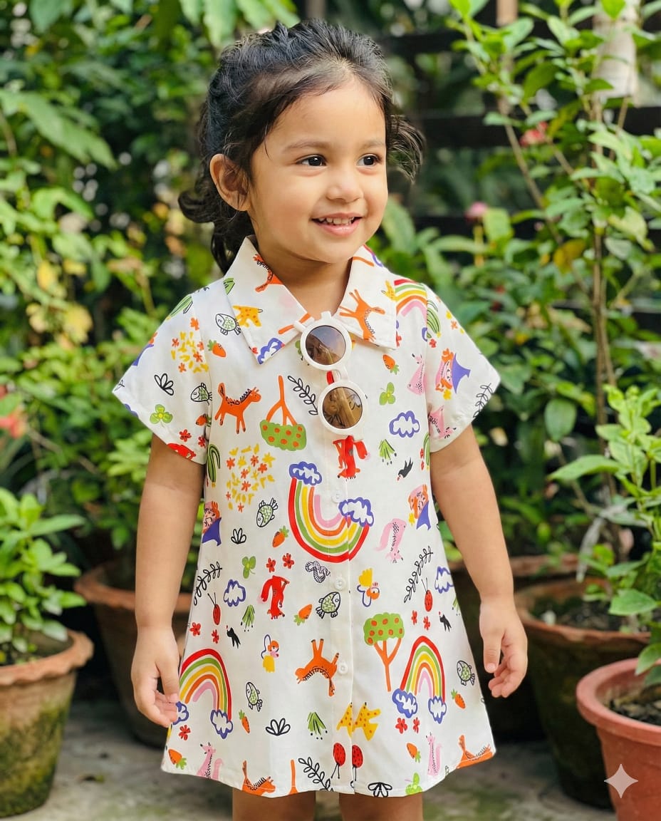 Toddler Girls' White Rainbow Print Button-Down Shirt Dress