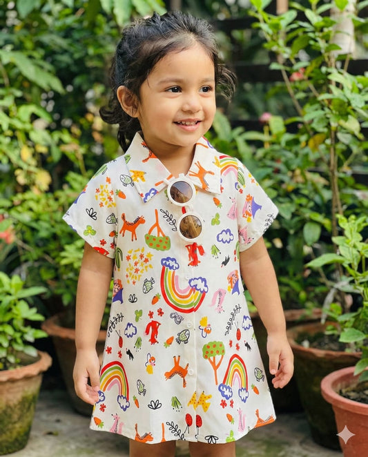 Toddler Girls' White Rainbow Print Button-Down Shirt Dress