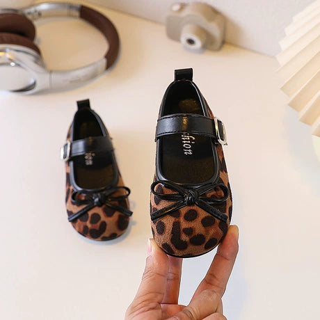 Bowknot Versatile Girls' Princess Leather Shoes Mary Jane Soft Sole New Fashion Leopard Print