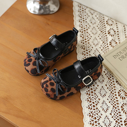 Bowknot Versatile Girls' Princess Leather Shoes Mary Jane Soft Sole New Fashion Leopard Print