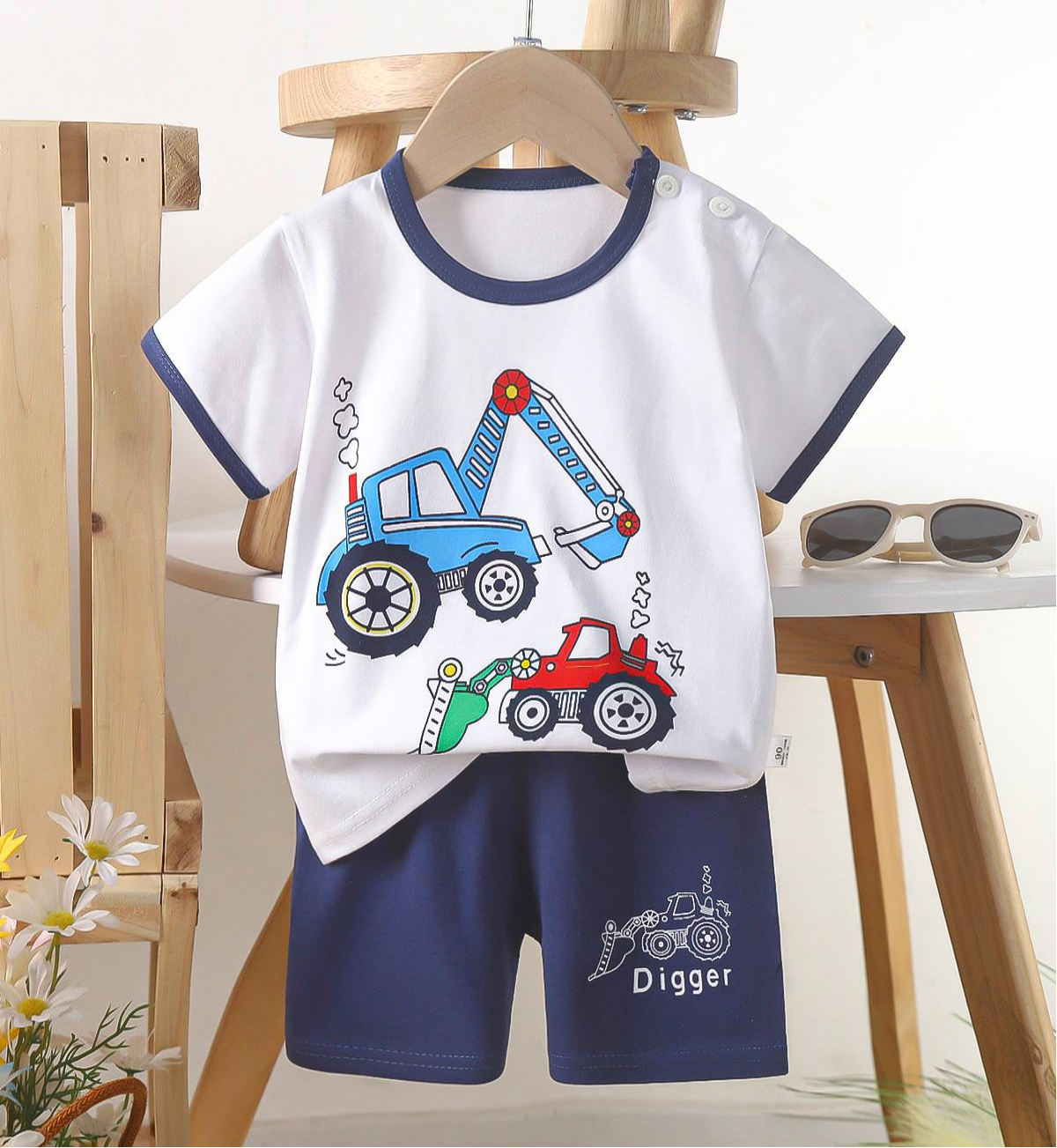 Toddler Boy Construction Theme Set - Digger & Tractor Print T-Shirt with Navy Shorts