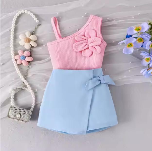 Girls' Chic Summer Set: Pink Ribbed Knit Top & Blue Woven Skirt